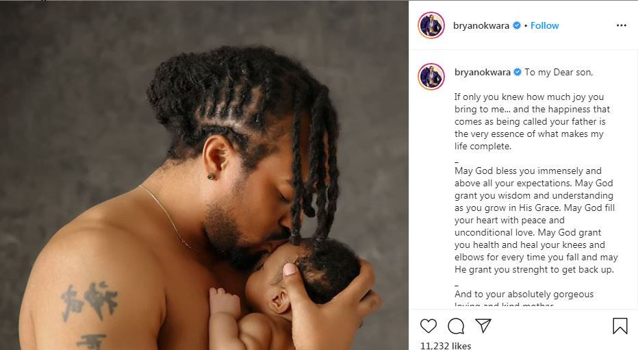 Actor, Bryan Okwara shares first photo of son