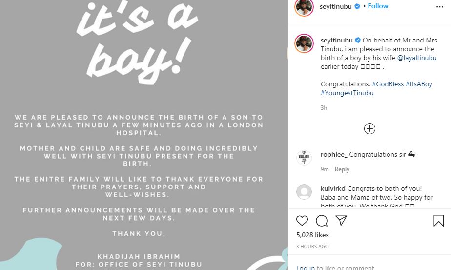 Bola Tinubu’s son, Seyi welcomes baby boy with wife in London
