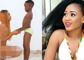Ghanaian actress, Akupem Poloo goes naked in front of her son to wish him a happy 7th birthday because 'she gave birth to him naked'