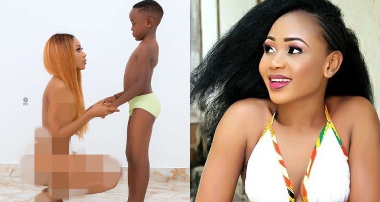 Ghanaian actress, Akupem Poloo goes naked in front of her son to wish him a happy 7th birthday because 'she gave birth to him naked'