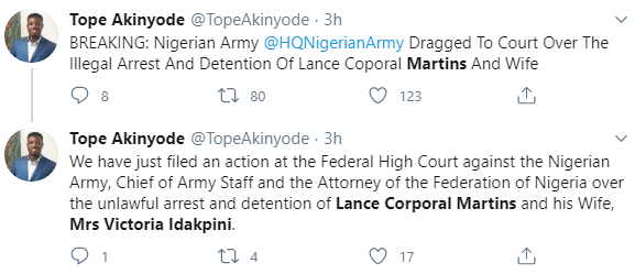 Group drags Nigerian army to court over illegal detention of soldier and his wife for criticising killings and sceurity chiefs