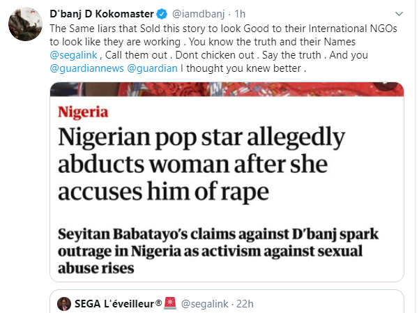 Rape allegation: DBanj challenges activist Segalink to ''say the truth''