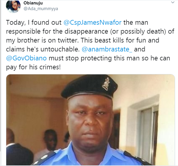 Lady calls out senior police officer allegedly responsible for her brother's disappearance in Anambra