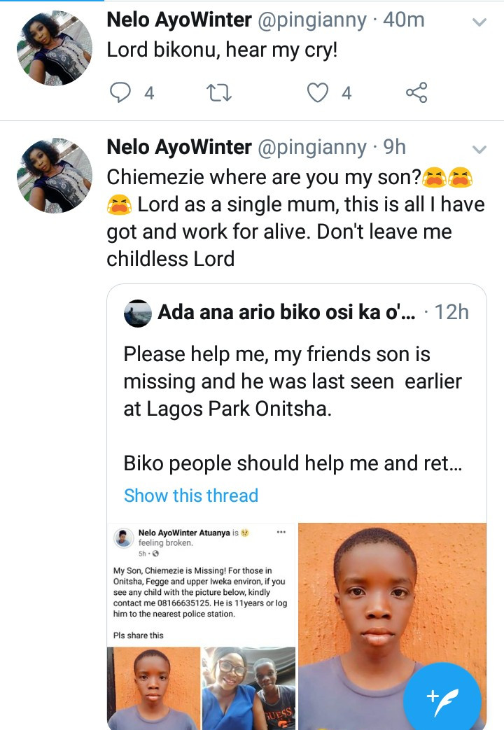 "Don't leave me childless Lord" Single mum cries out on Twitter as her only son goes missing