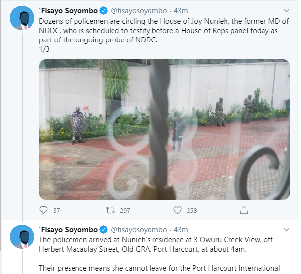 Policemen spotted at ex-NDDC MD, Joy Nunieh's home ahead of appearance before House committee