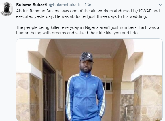 Aid Worker Killed By Boko Haram Was Abducted 3 Days To His Wedding, Lawyer Bulama Bakarti says