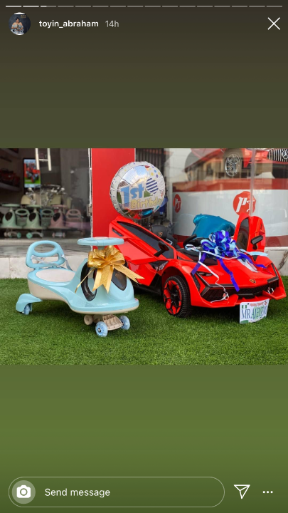 Photos: Toyin Abraham buys her son, Ire a customized car for his first birthday