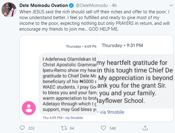 I am now ready to give most of my income to the poor and expect nothing in return — Dele Momodu