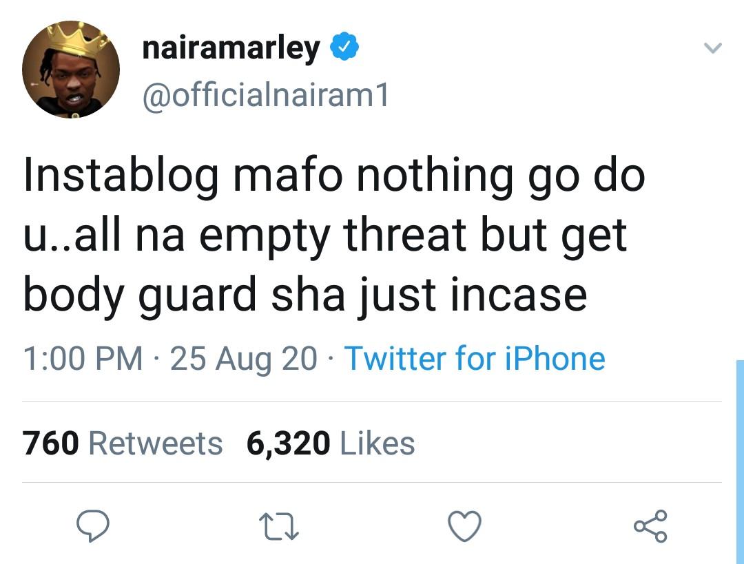 “Get a bodyguard, Just incase” – Naira Marley advises owner of Instablog