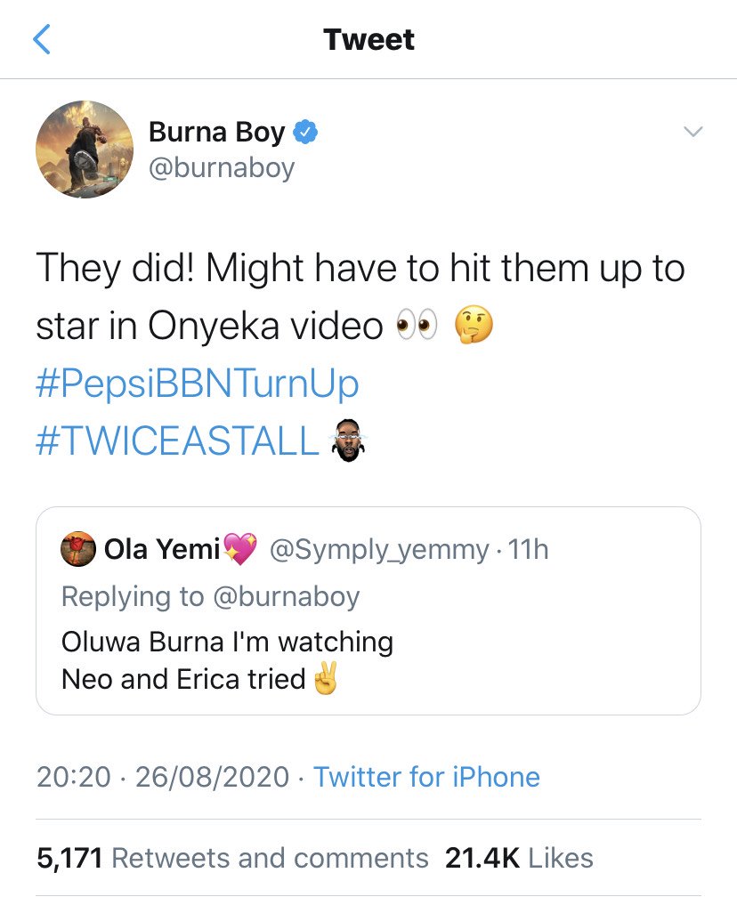 BBNaija 2020: Burna Boy hints on featuring Erica, Neo in his video