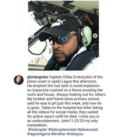 “They waited for police report until he died”- Lady mourns pilot of helicopter that fatally crashed in Lagos