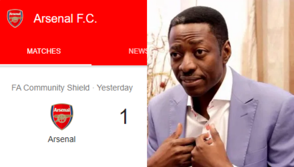 Pastor Sam Adeyemi celebrates with Arsenal fans after club beats Liverpool