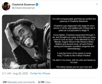 Tweet announcing Chadwick Boseman’s death becomes most-liked tweet ever