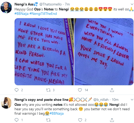See the three love notes Ozo wrote to Nengi that has Nigerians talking