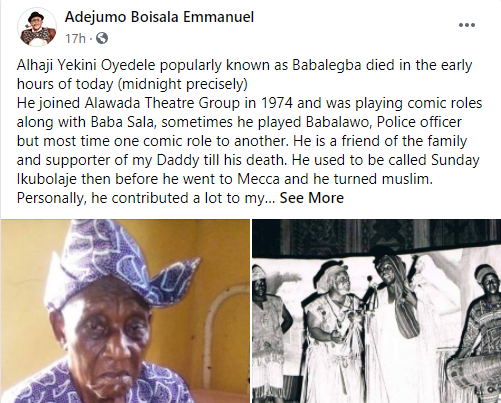 Veteran actor, Yekini Oyedele 'Baba Legba' is dead