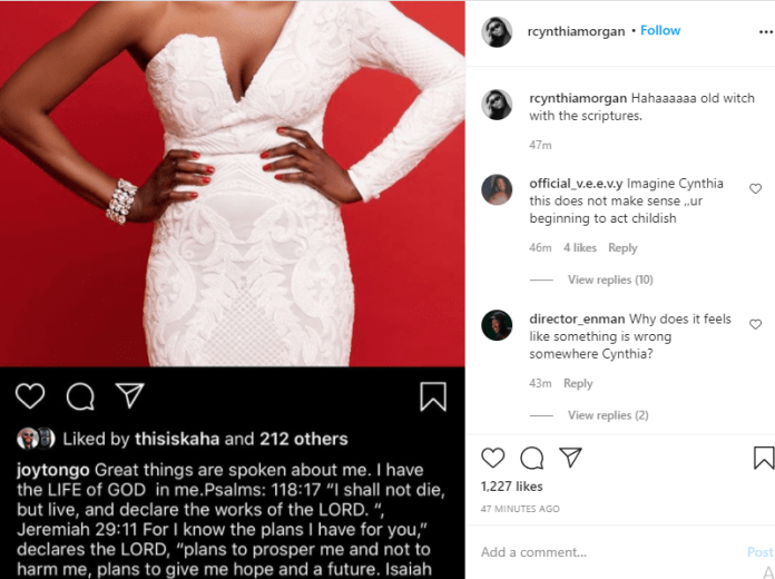 Old witch with the scriptures – Cynthia Morgan slams former manager, Joy Tongo