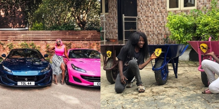 Ikorodu Bois Recreate Photos Of DJ Cuppy And Sister In Their New Ferarri Whips