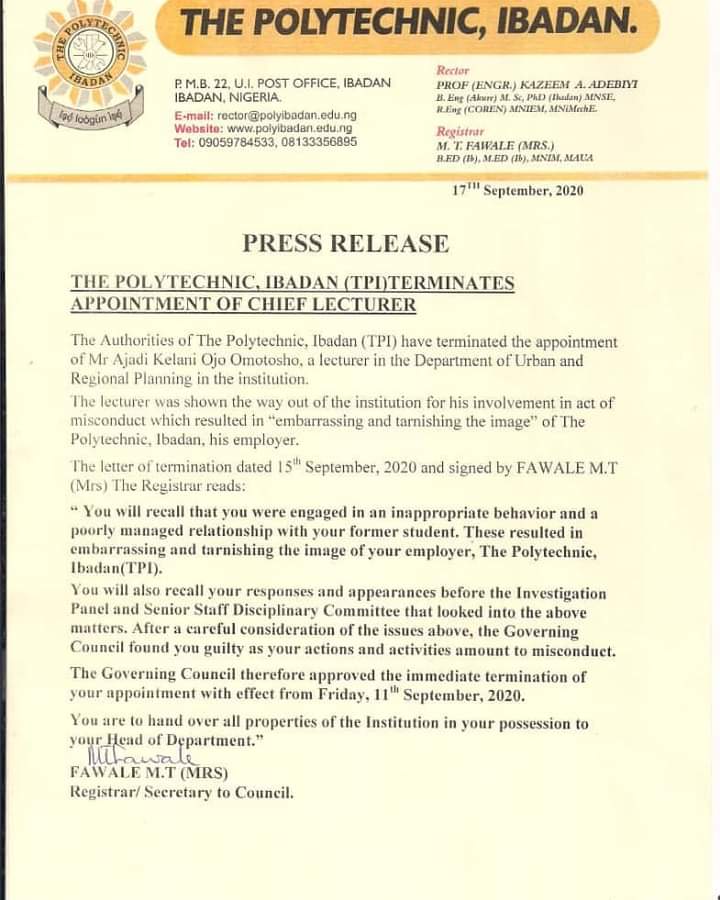Ibadan Poly terminates lecturer’s appointment over alleged sexual misconduct