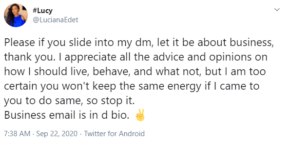BBNaija's Lucy issues note of warning to Nigerians sliding into her DM to tell her how to live and behave