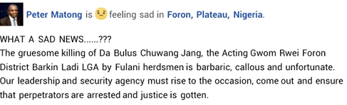 Suspected Fulani herdsmen kill traditional ruler in Plateau