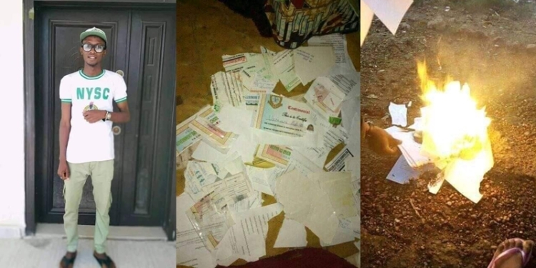 Frustrated graduate from Katsina reportedly sets all his certificates ablaze due to inability to secure a job
