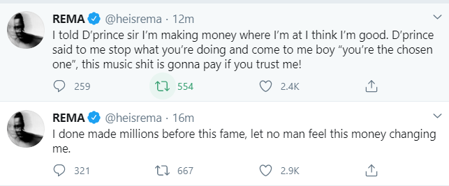 “I made millions before this fame, let no man feel money is changing me” – Rema rants on Twitter