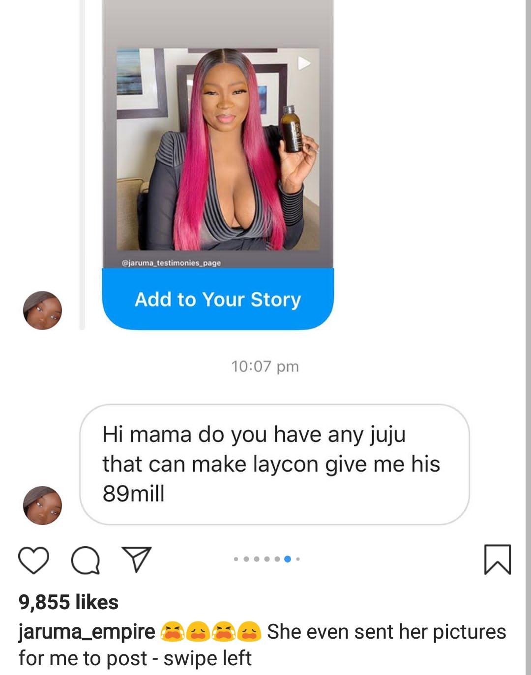 Jaruma exposes lady who asked her for ‘Juju’ to make Laycon give her N85million