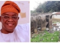 L-R Governor Gboyega Oyetola, dilapidated building sometimes used for open defecation in Osun State College of Health Technology