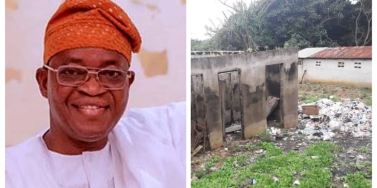 L-R Governor Gboyega Oyetola, dilapidated building sometimes used for open defecation in Osun State College of Health Technology