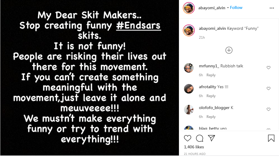 Nollywood Actor Abayomi Sends Strong Message To Comedians Making Funny Skits  About #EndSARS