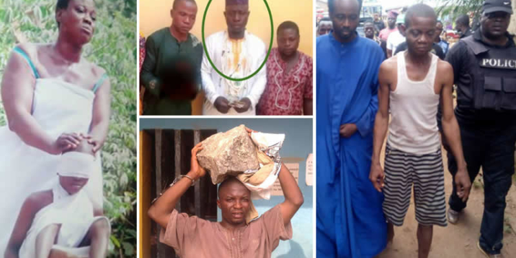 PIC COLLAGE: Monsurat Munirat Adedoyin – Former Deputy Chairman of Ikorodu Local Government of Lagos State,  caught in a forest attempting to use a child for rituals;

Islamic Cleric, Alfa Jamiu Olasheu Who Bought Human Skull For Ritual In Ogun State Arrested For Unlawful Possession Of Skull;

Islamic cleric, Alfa Kazeem Alimson who allegedly stoned boy to death for rituals in Lagos;

Prophet Olusola Akindele, arrested in  Ogun State for allegedly killing his for ritual.
