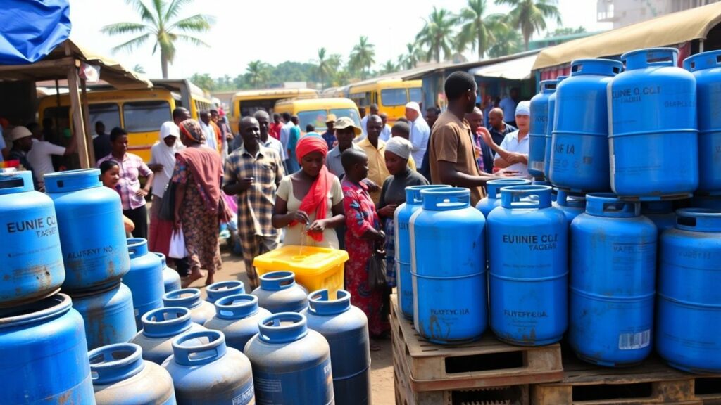 Cooking gas cylinders at Nigerian market with people nearby.