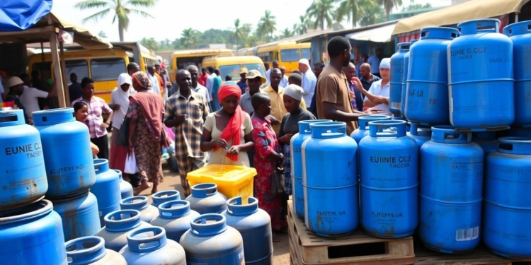 Cooking gas cylinders at Nigerian market with people nearby.