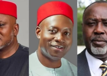 Photo collage of major combatants Nicholas Ukachukwu of APC, Chukwuma Soludo Of APGA and George Moghalu of LP