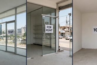 Shops and office buildings in a Nigerian commercial district