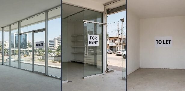 Shops and office buildings in a Nigerian commercial district