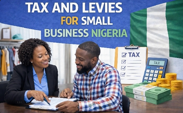 Nigerian small business owner reviewing financial records and calculating business taxes in 2026