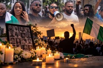 Nigerian celebrities and protesters at a #EndSARS memorial at Lekki Toll Gate
