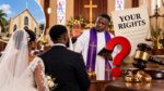 Nigerian couple standing before a pastor during a church wedding ceremony.