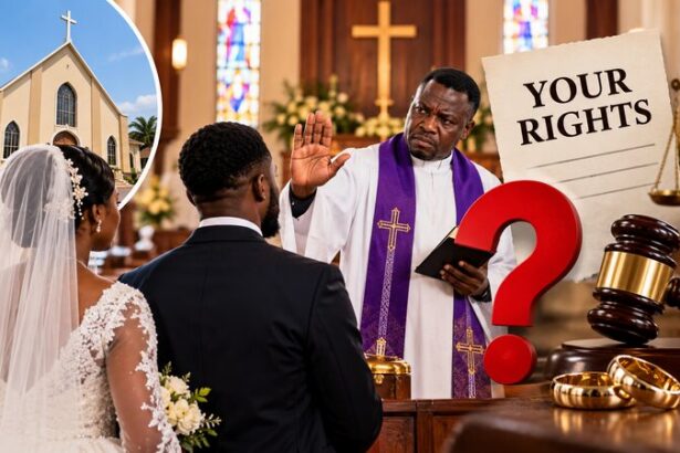 Nigerian couple standing before a pastor during a church wedding ceremony.