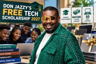 Nigerian student learning technology skills on a laptop, illustrating the Don Jazzy Tech Scholarship 2027