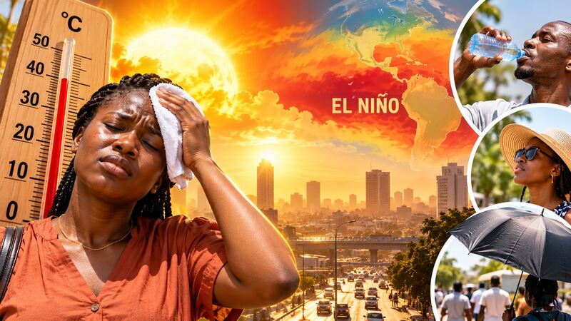 People seeking shade during hot weather as an article explains El Niño, heatwave risks and safety tips.