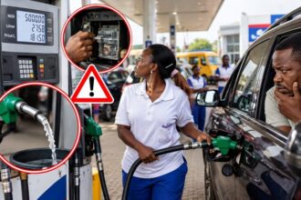 Nigerian motorist refuelling a car at a petrol station while checking the fuel dispenser meter