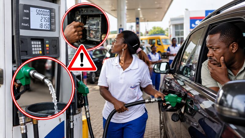 Nigerian motorist refuelling a car at a petrol station while checking the fuel dispenser meter