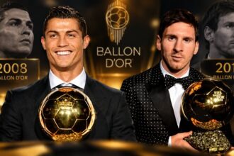 Cristiano Ronaldo during his 2007–08 Manchester United season alongside Lionel Messi during his record-breaking 2012 year