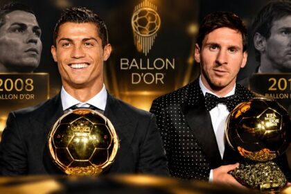 Cristiano Ronaldo during his 2007–08 Manchester United season alongside Lionel Messi during his record-breaking 2012 year