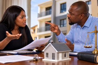 Nigerian tenant discussing a rent dispute with a landlord