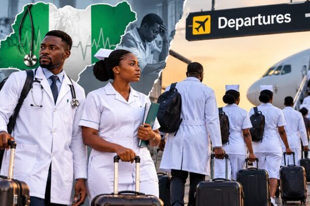 Nigerian doctors and nurses amid concerns over healthcare worker migration and medical brain drain.