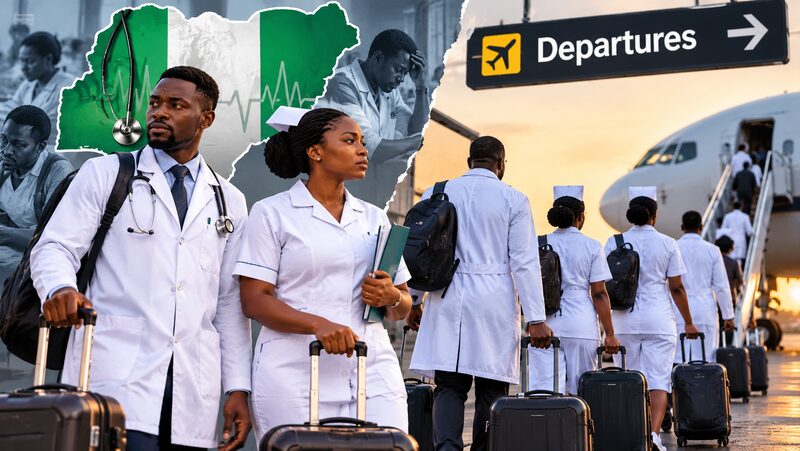 Nigerian doctors and nurses amid concerns over healthcare worker migration and medical brain drain.