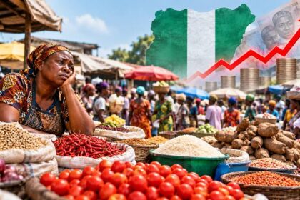 Nigerian shopper buying food staples at a market amid rising food prices and household budget pressures